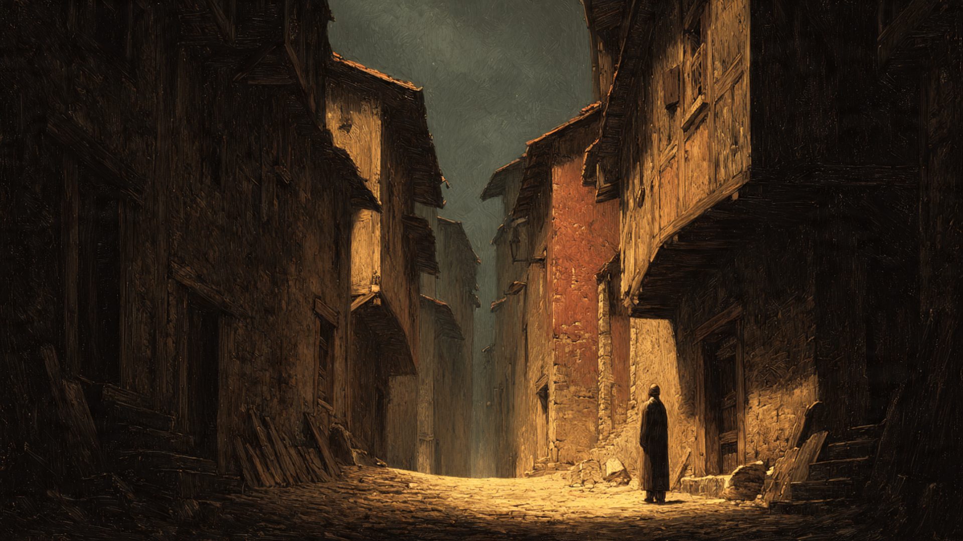 A lone cloaked figure in a narrow cobblestone street at dusk, standing between tall medieval buildings.
