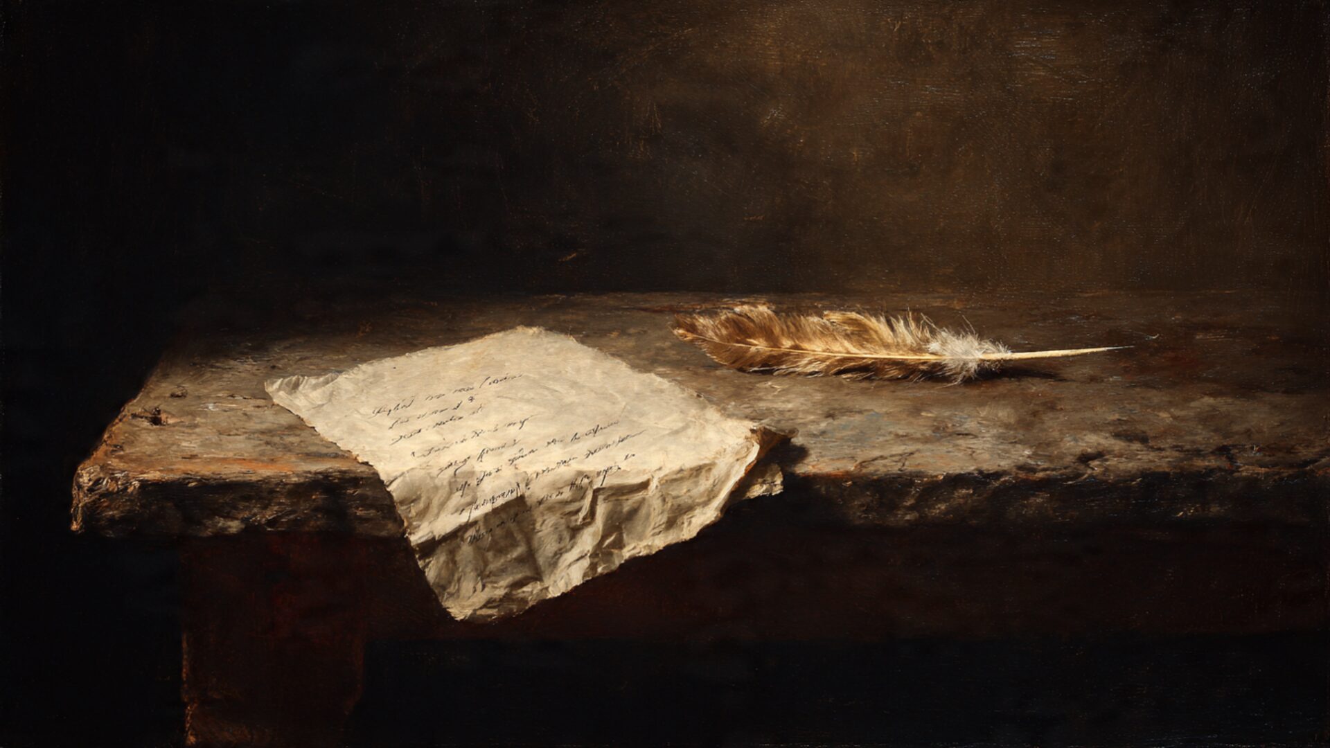A single sheet of handwritten notes beside a feather quill on a weathered wooden desk.