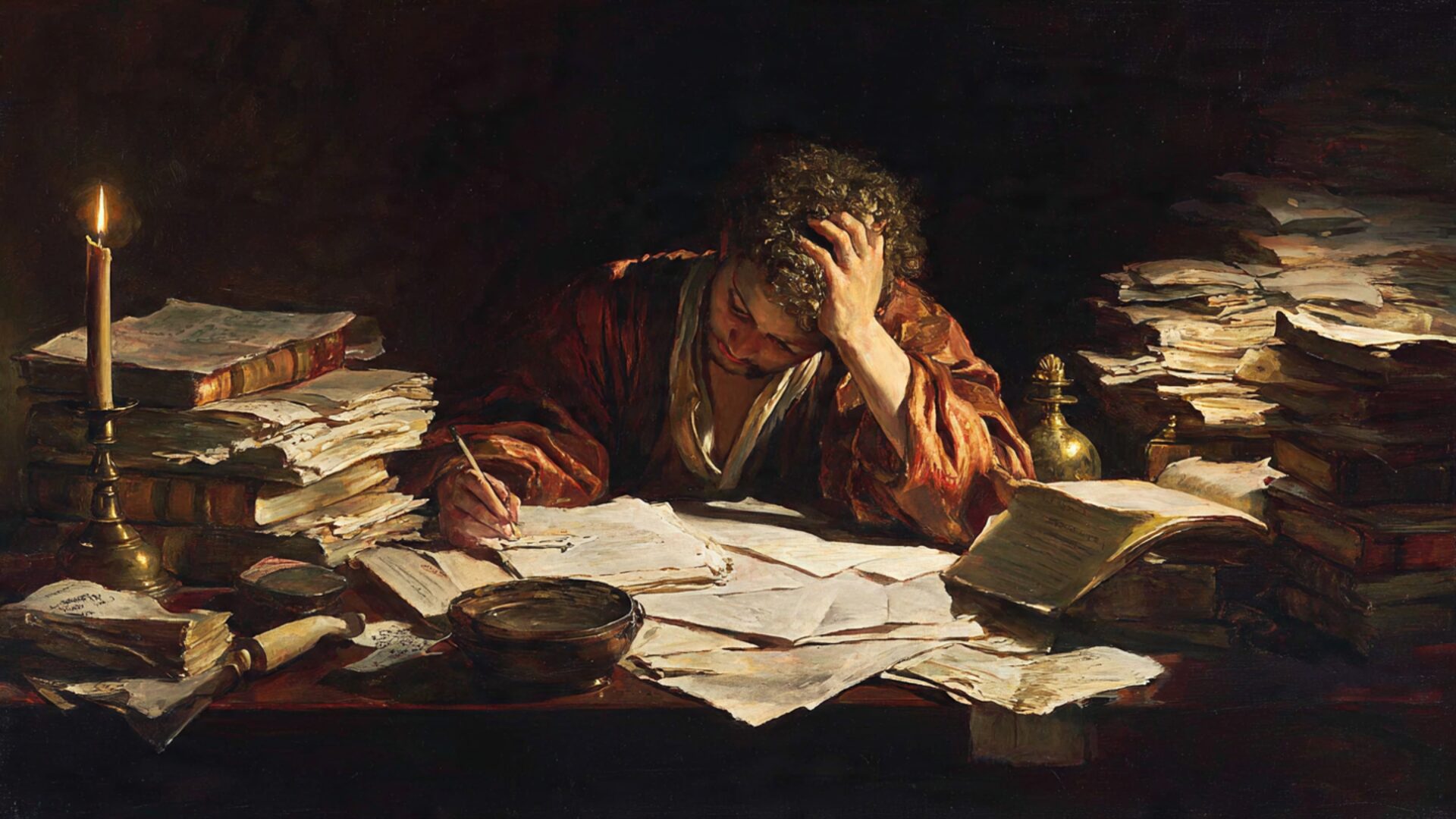 A scholar writing by candlelight at a desk piled with manuscripts and books.